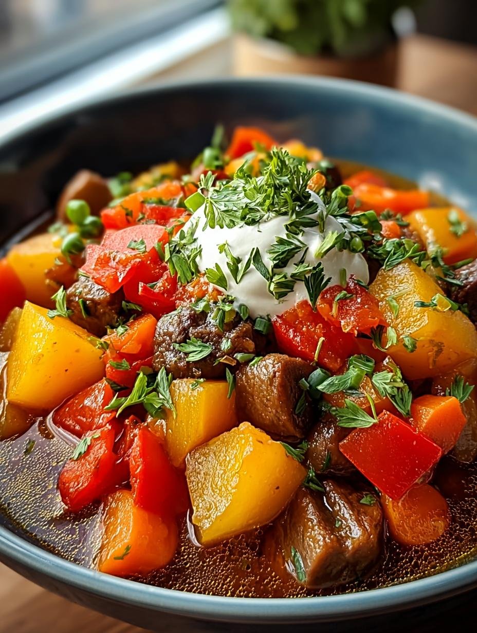 Close-up van een kom Gemüsegulasch, rijk gevuld met diverse groenten en een romige saus