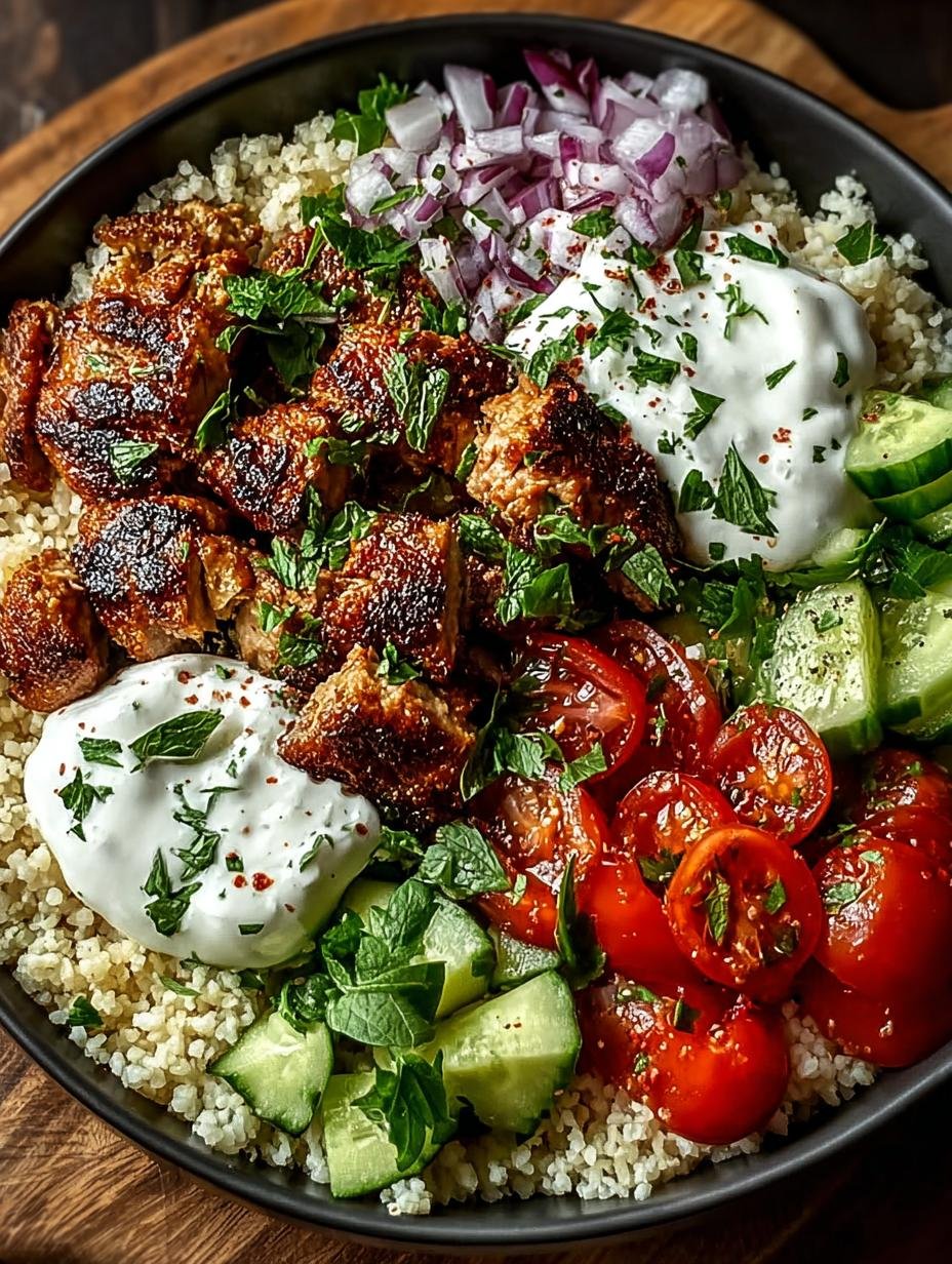 Heerlijke en voedzame Gesunde Kebab Bowl met gegrilde kip, verse groenten en romige yoghurtsaus