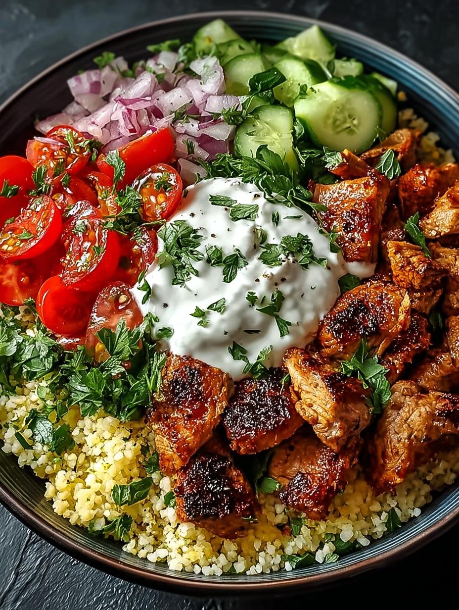 Close-up van een kleurrijke Gesunde Kebab Bowl met gegrilde kip, rijst, tomaten, komkommer en yoghurtsaus