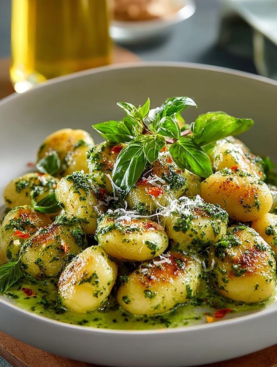 Verrukkelijke Gnocchi Samtiger Pesto Creme met verse basilicum en Parmezaanse kaas, klaar om te serveren