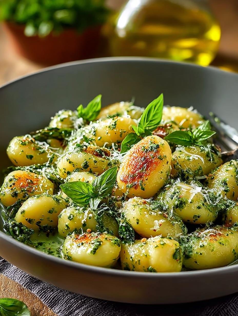 Heerlijke Gnocchi Samtiger Pesto Creme in een kom, gegarneerd met verse basilicum en Parmezaanse kaas