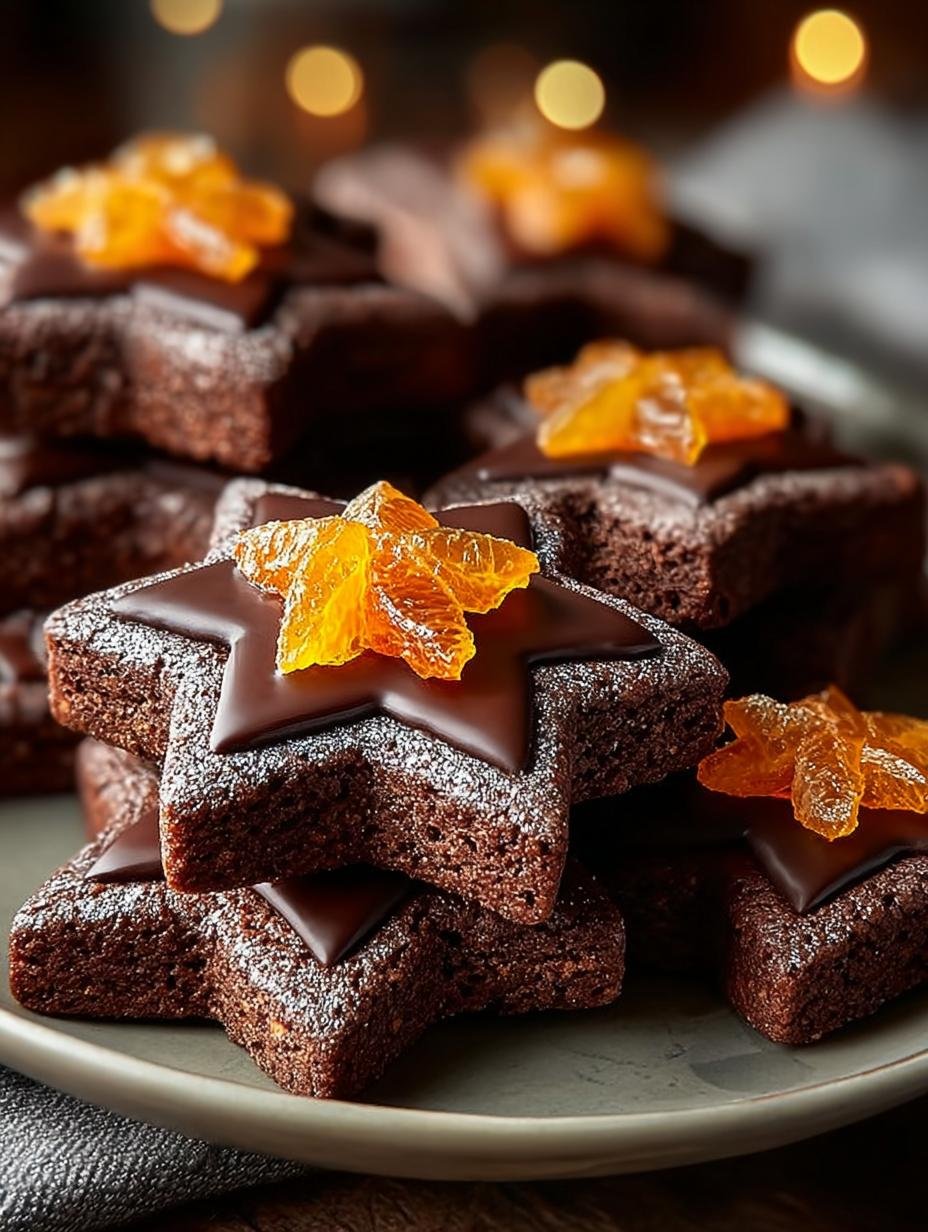 Close-up van Sappige Chocolade Sinaasappelsterren met glazuur en sinaasappelzeste