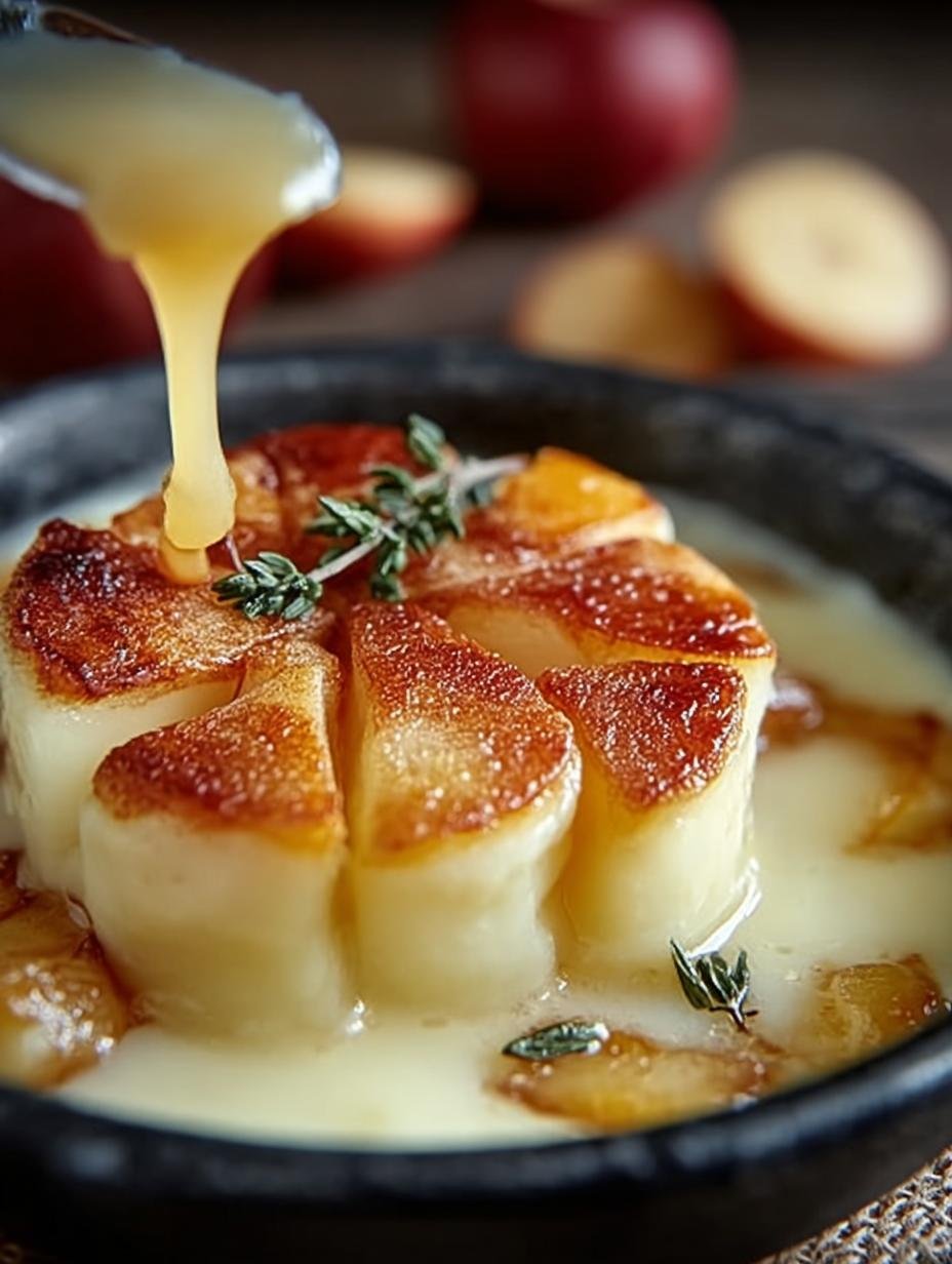 Verrukkelijke Karamell Apfel Raclette met gesmolten kaas en zoete appels, klaar om te serveren
