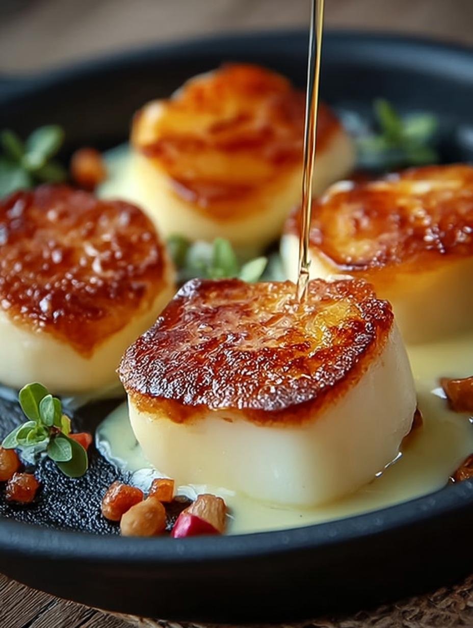 Close-up van Karamell Apfel Raclette met gesmolten kaas, karamel en appel in een raclettepannetje