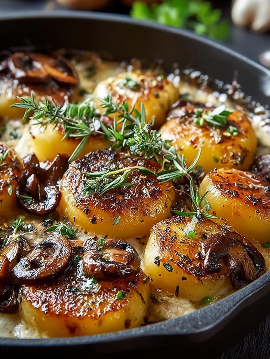 Heerlijke Kartoffel Pilz Pfanne Mit, goudbruin gebakken aardappelen, champignons en sperziebonen in een pan