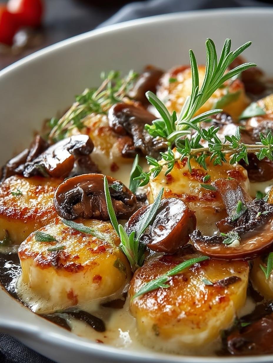 Close-up van een portie Kartoffel Pilz Pfanne Mit met verse peterselie garnering