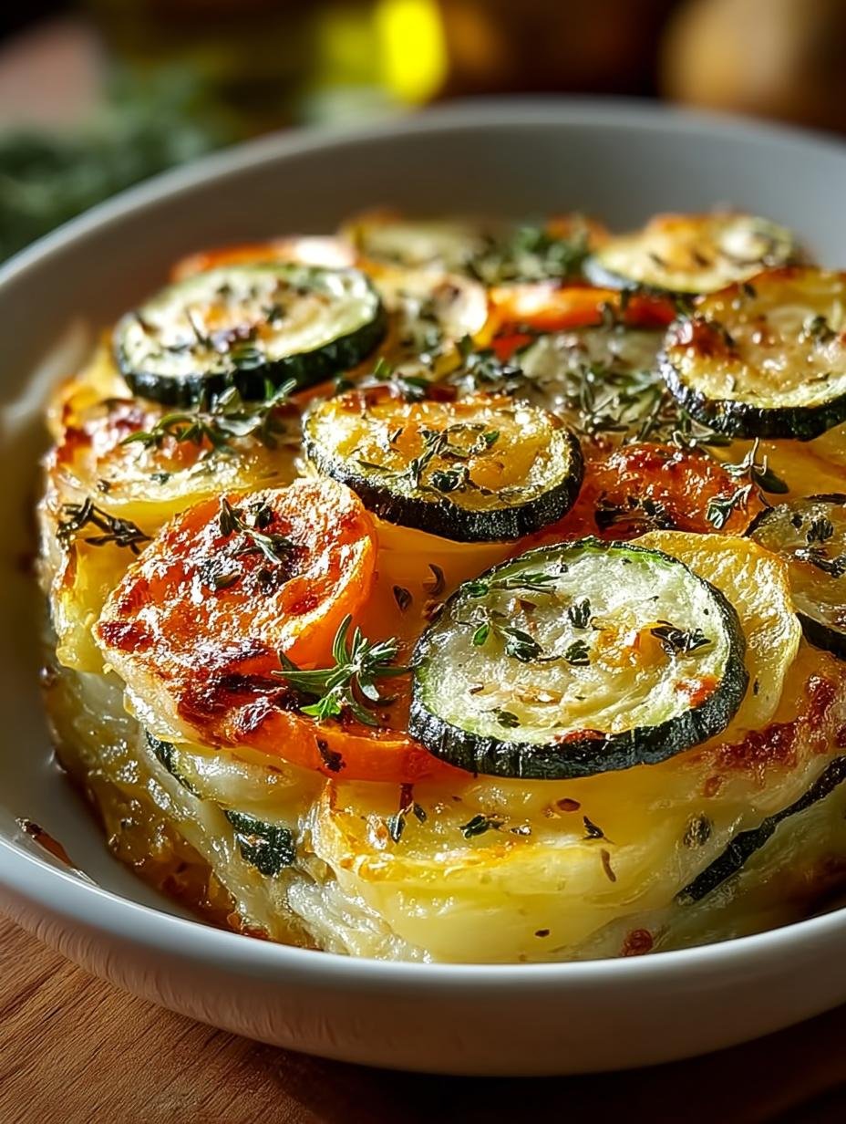 Heerlijke Kartoffel Zucchini Karotten Auflauf, goudbruin gebakken en klaar om te serveren