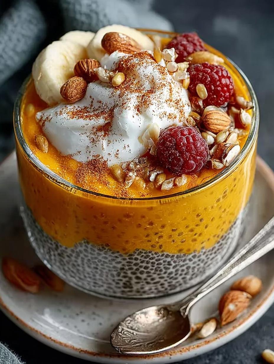 Kürbis Gewürz Chia Pudding in een glazen potje, gegarneerd met noten en een lepel, klaar voor consumptie, een gezonde start van de dag