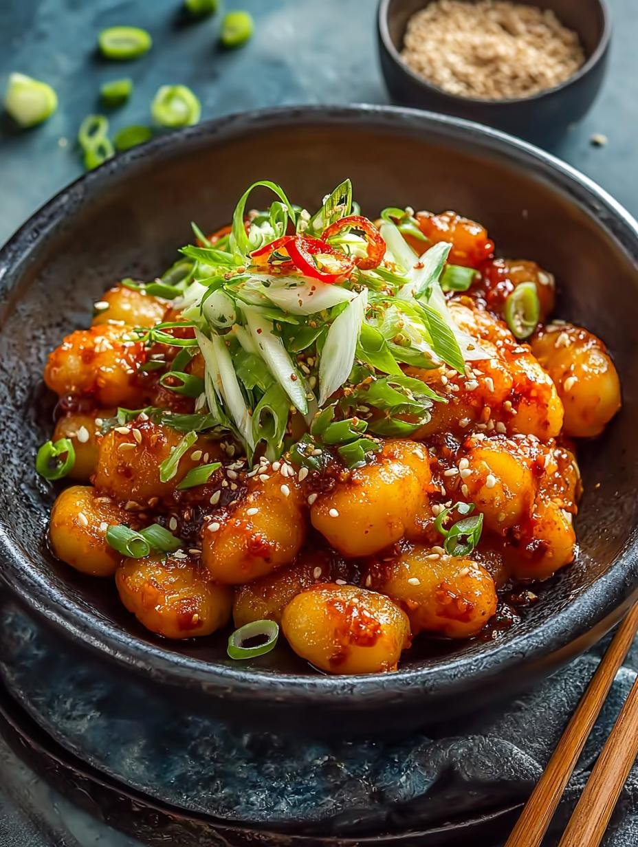 Close-up van de romige Gochujang saus die de gnocchi en groenten bedekt, klaar om te serveren