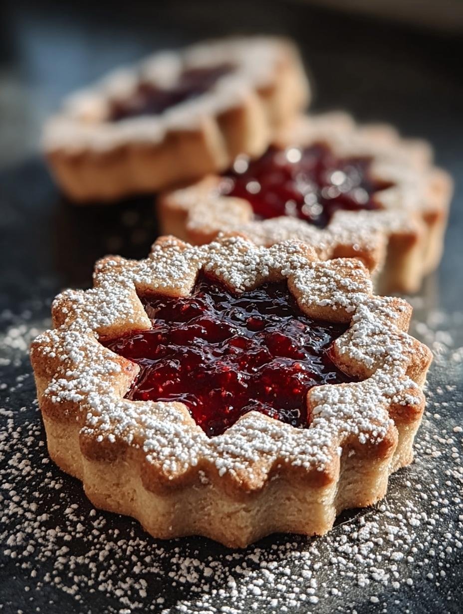 Close-up van Omas Linzer Plätzchen met poedersuiker en jam, gestapeld op een bord