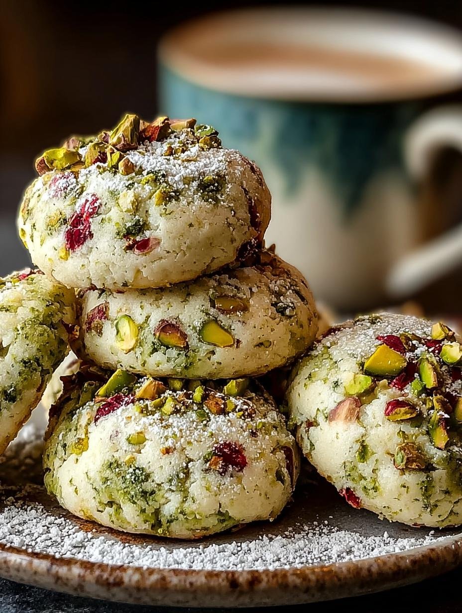 Close-up van perfect gebakken Pistazien Platzchen Ohne Mehl, bestrooid met poedersuiker