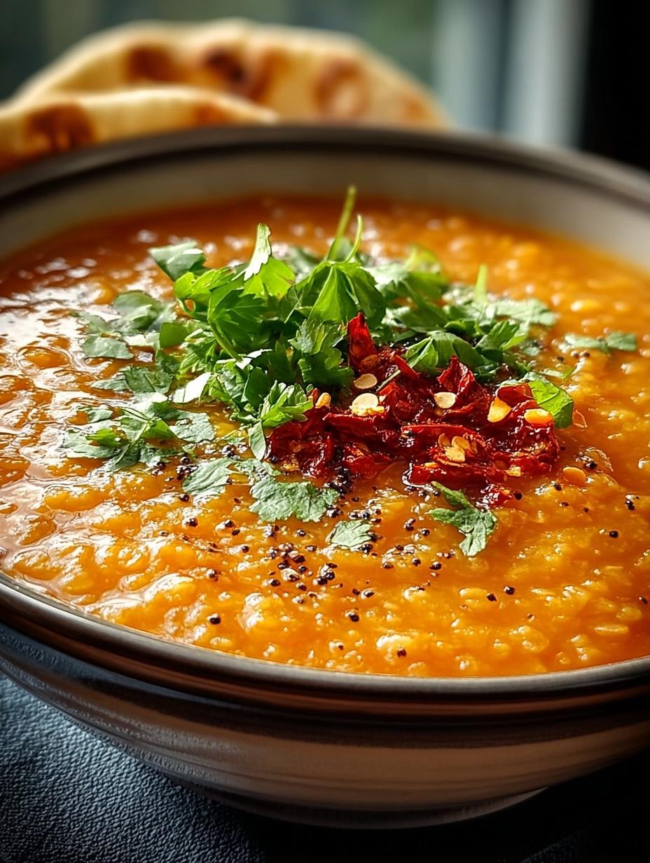 Kom met Rote Linsensuppe Aeftig Aromatisch en een lepel, klaar om te eten