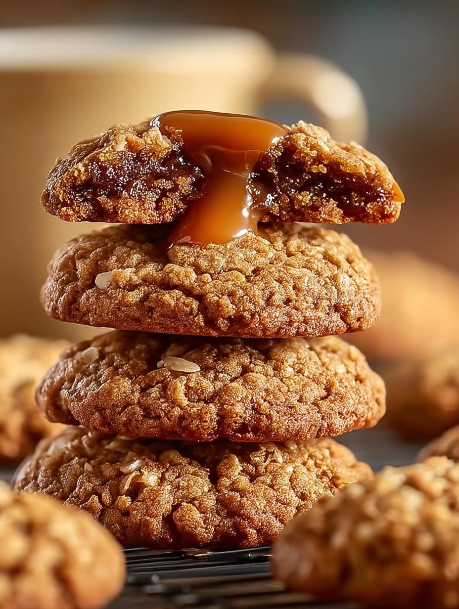 Close-up van Saftige Karamell Haferflocken Cookies met gesmolten karamel en chocolade drizzle