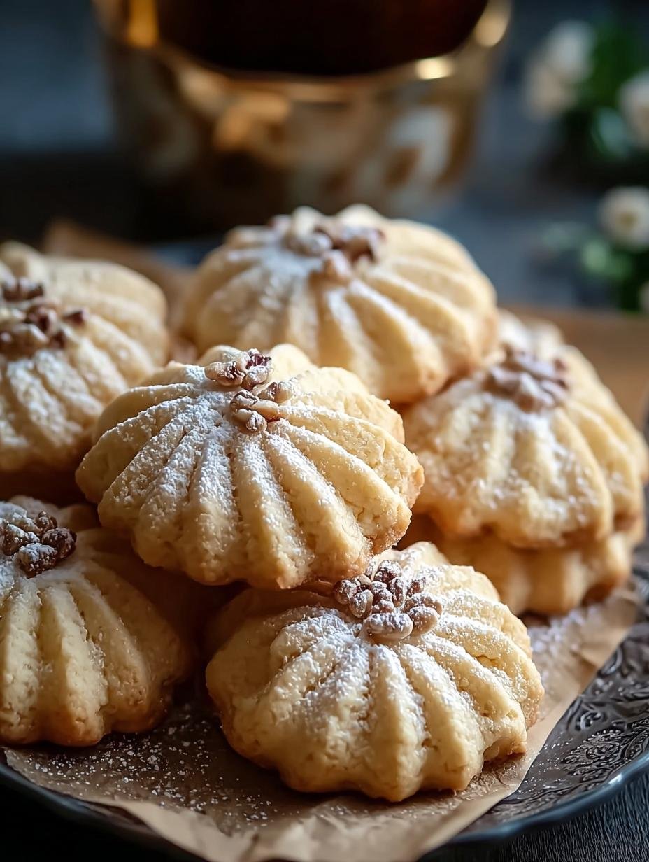 Heerlijk zacht Saftiges Marzipan Spritzgebäck met poedersuiker op een bakplaat, klaar om te serveren