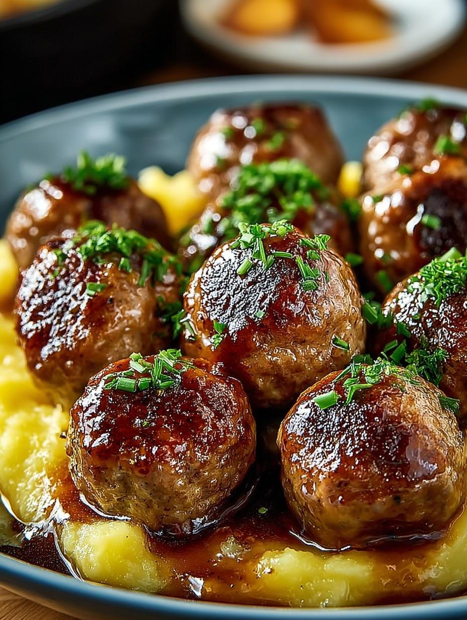 Heerlijke Schwedische Fleischballchen Mit Sose geserveerd met romige aardappelpuree en verse peterselie