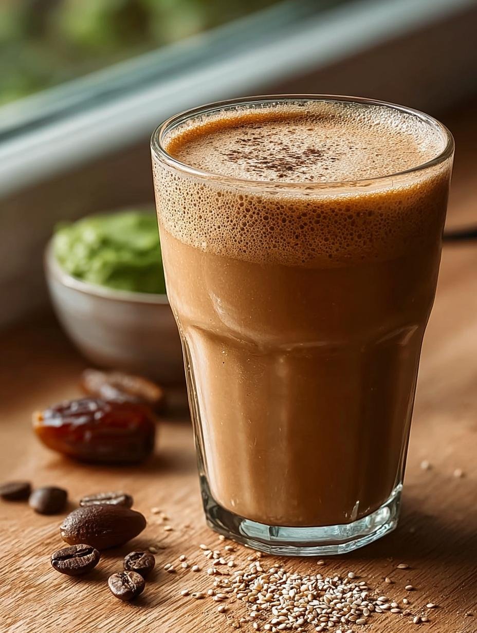 Heerlijke Tahini Dattel Koffie Smoothie: 2 minuten genot! - Tahini Dattel Kaffee Smoothie - romige smoothie in een glas met rietje