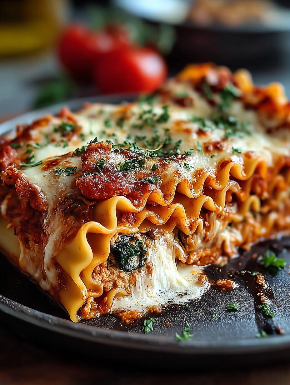 Heerlijke Vegane Lasagne Rollen met gesmolten vegane kaas en verse kruiden, klaar om te serveren