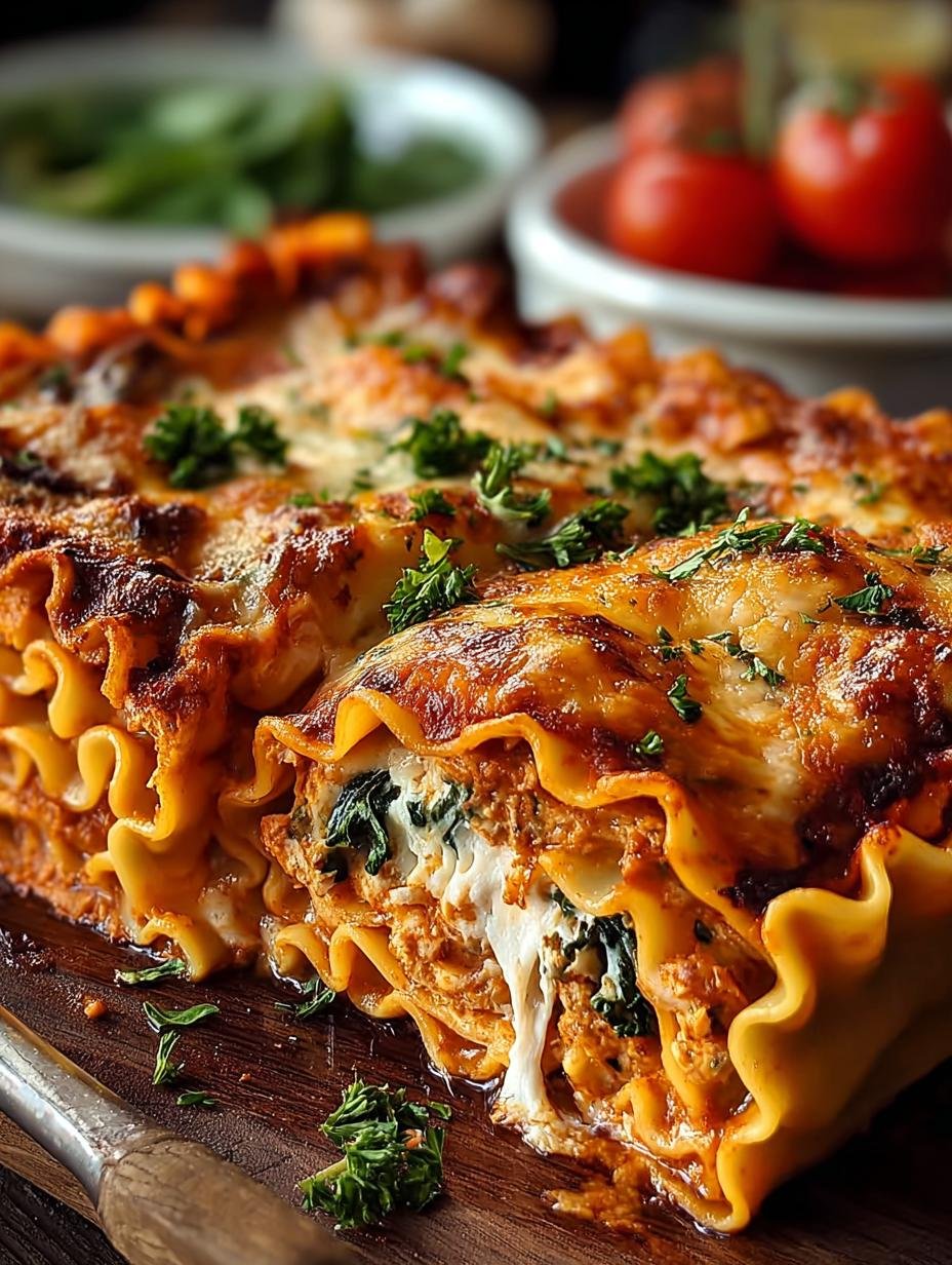 Close-up van perfect opgerolde Vegane Lasagne Rollen in een ovenschaal, bedekt met saus en kaas