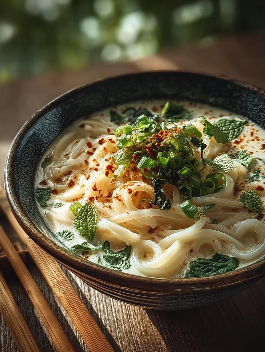 Close-up van Vegane Somen Nudeln Cremiger met verse koriander en lente-uitjes, klaar om te eten