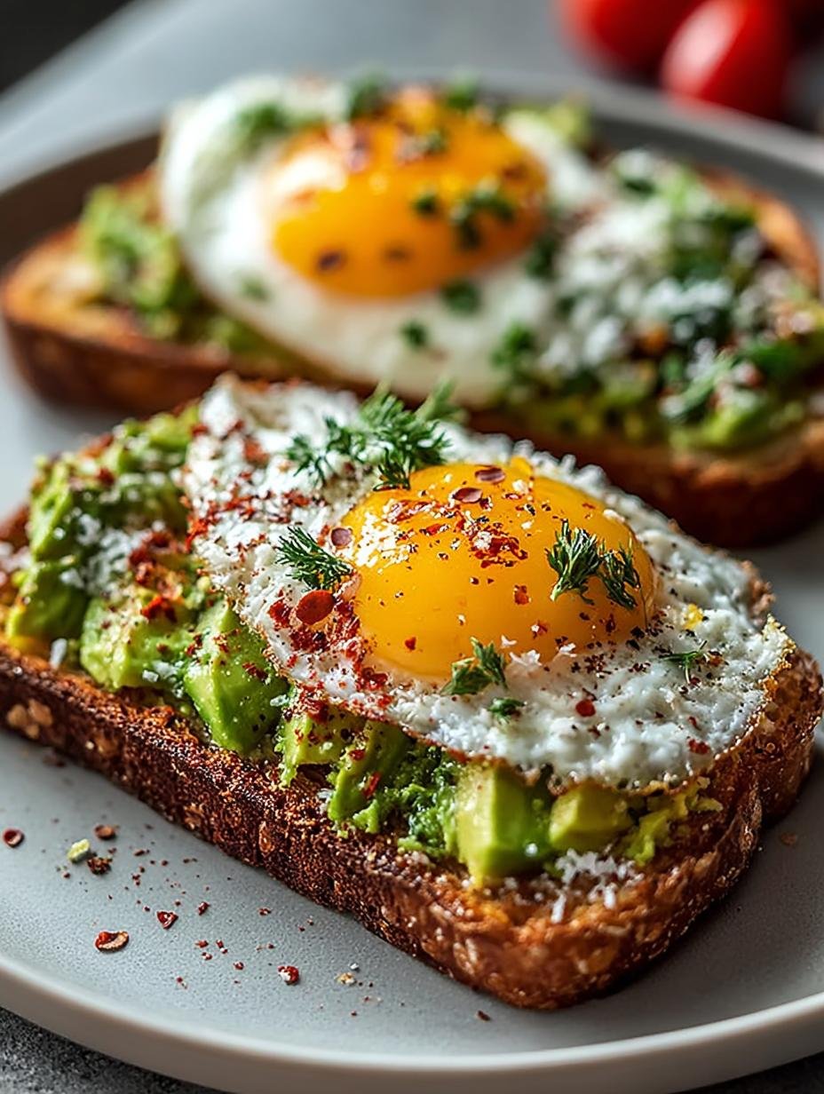 Close-up van Avocado Toast Met Ei met een zacht eigeel en verse kruiden
