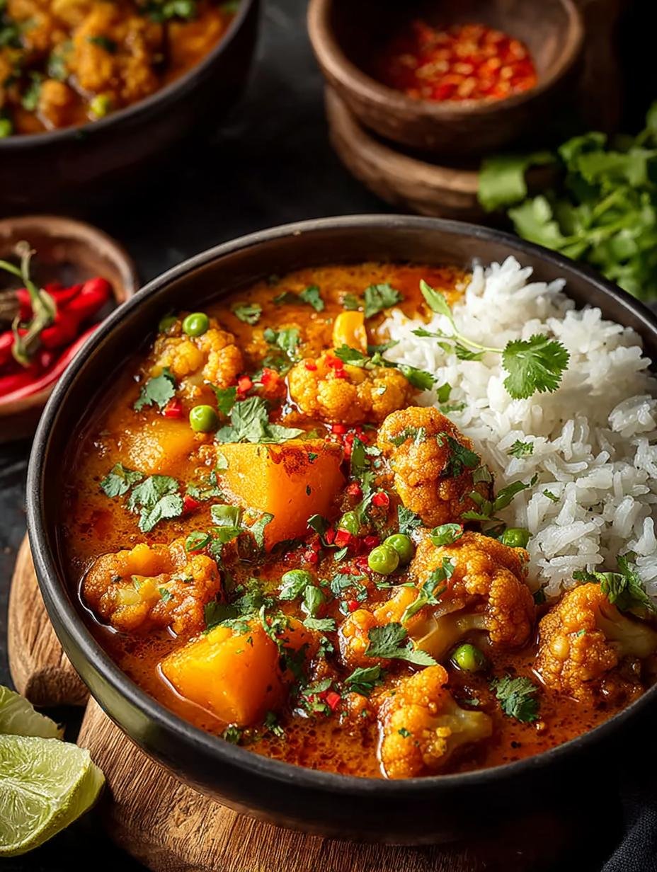 Close-up van een romige Blumenkohl Curry Ein Unglaubliches met bloemkoolroosjes en kruiden