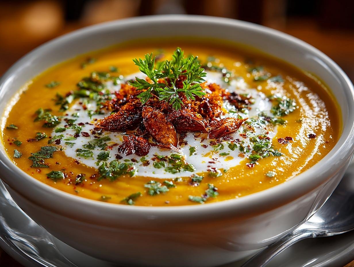 Heerlijke Butternut Squash Soup met verse koriander en een lepel, klaar om te eten