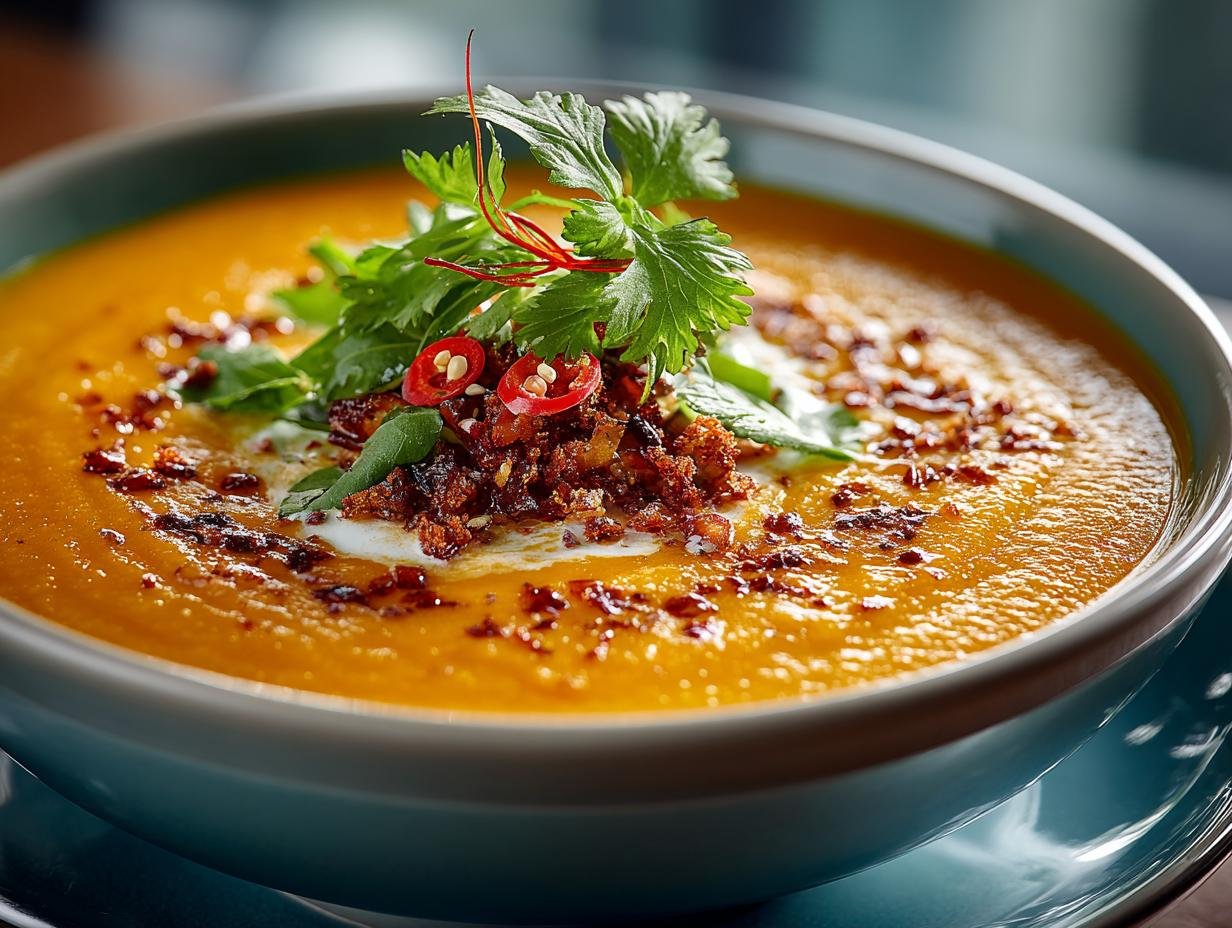 Heerlijke Butternut Squash Soup in een kom, gegarneerd met verse kruiden en een swirl kokosroom