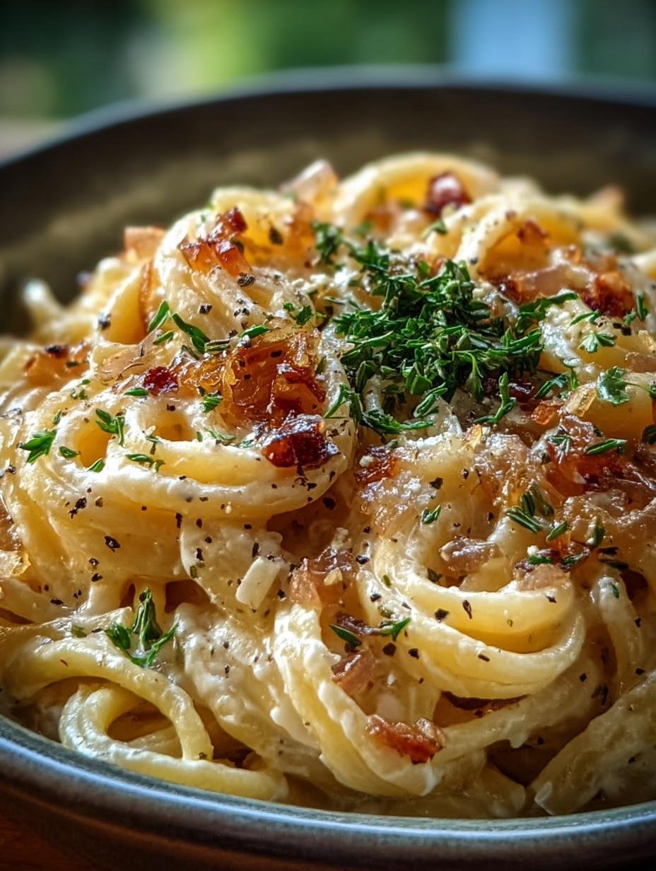 Gedetailleerde close-up van Cremige Vegane Karamellisierte Zwiebel, met perfect gekaramelliseerde uien en romige saus