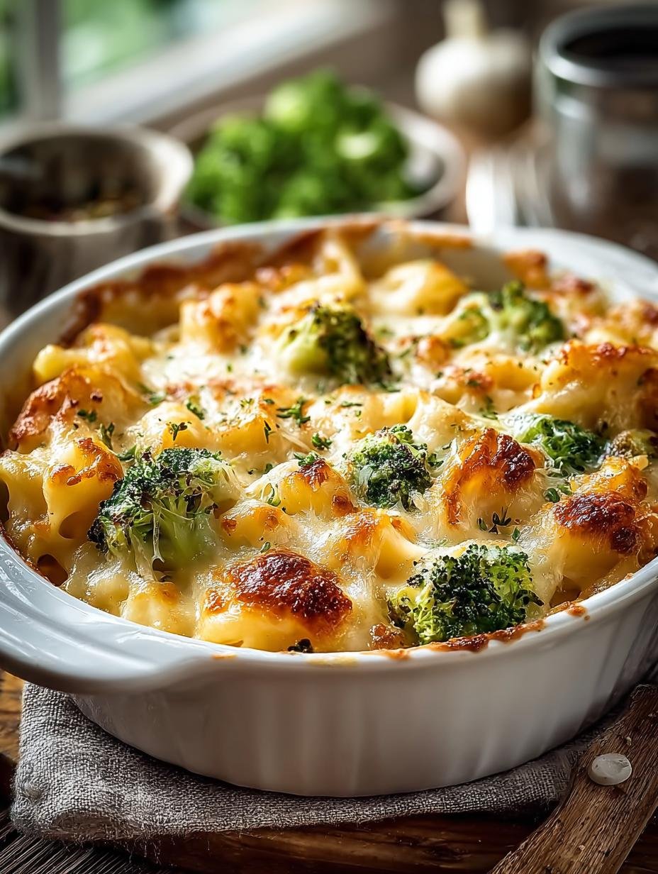 Close-up van een portie Cremiger Nudelauflauf Met Brokkoli op een bord, klaar om te serveren