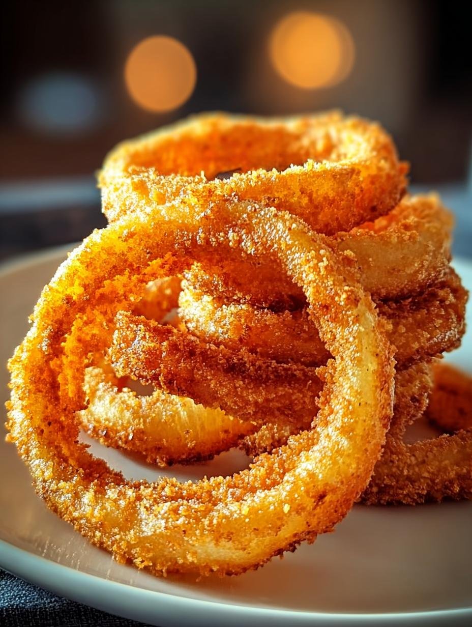 Crispy Zwiebelringe: 1 unwiderstehlich leckerer Genuss - goldbraune, perfekt knusprige Zwiebelringe auf einem Teller angerichtet