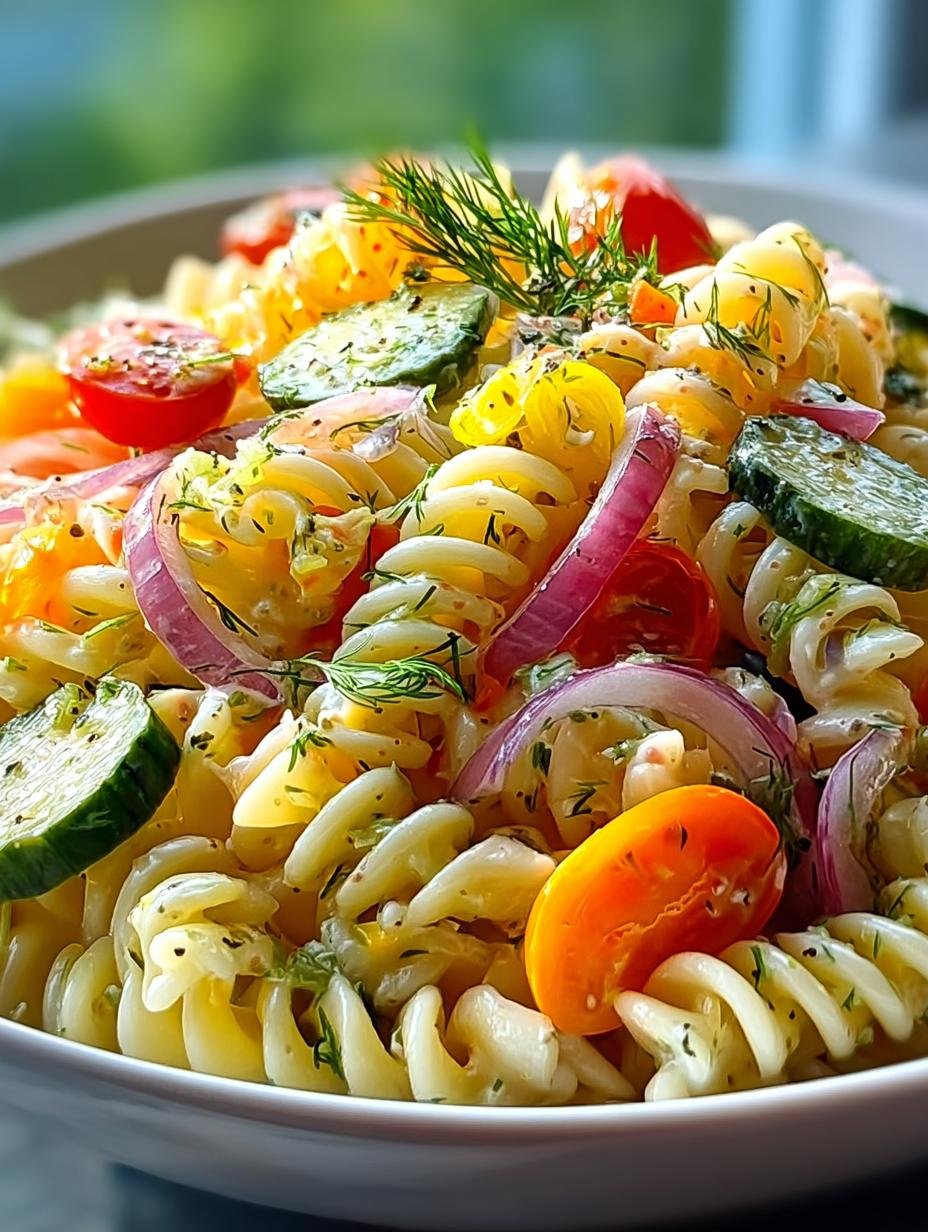 Geweldige Dille Augurk Pasta Salade: 250 kcal P/P! - Romige Dill Pickle Pasta Salade met verse dille en cherrytomaten