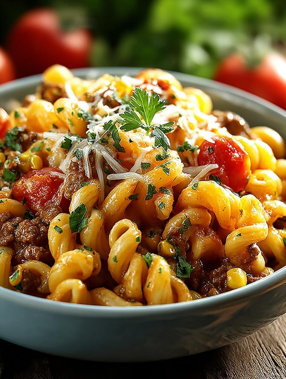 Heerlijk Einfaches One Pot Cheesy Pasta in 30 Min - Een portie Einfaches One Pot Cheesy Pasta in een kom, gegarneerd met verse koriander en een lepel zure room.