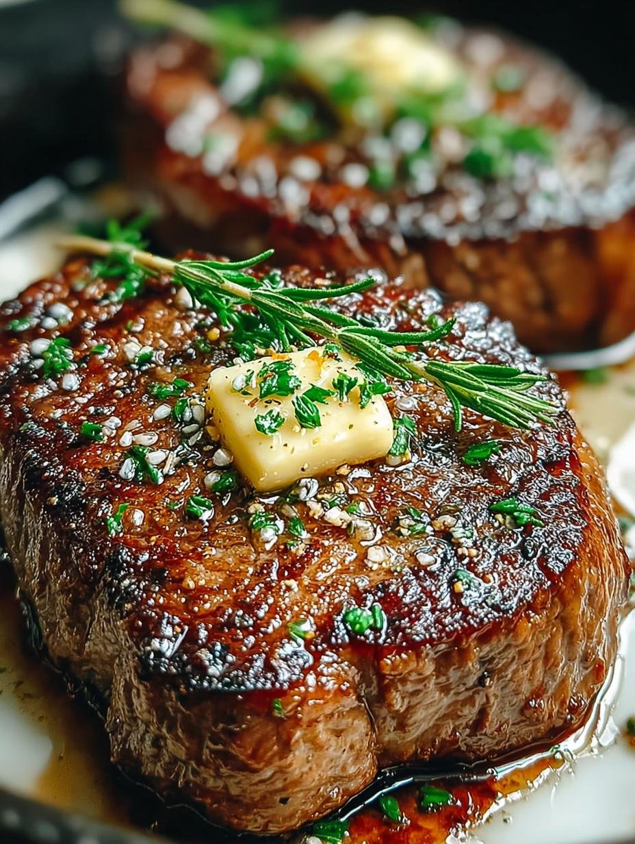 Heerlijke Garlic Butter Skillet Steak, perfect aangebraden in een gietijzeren pan, klaar om te serveren.