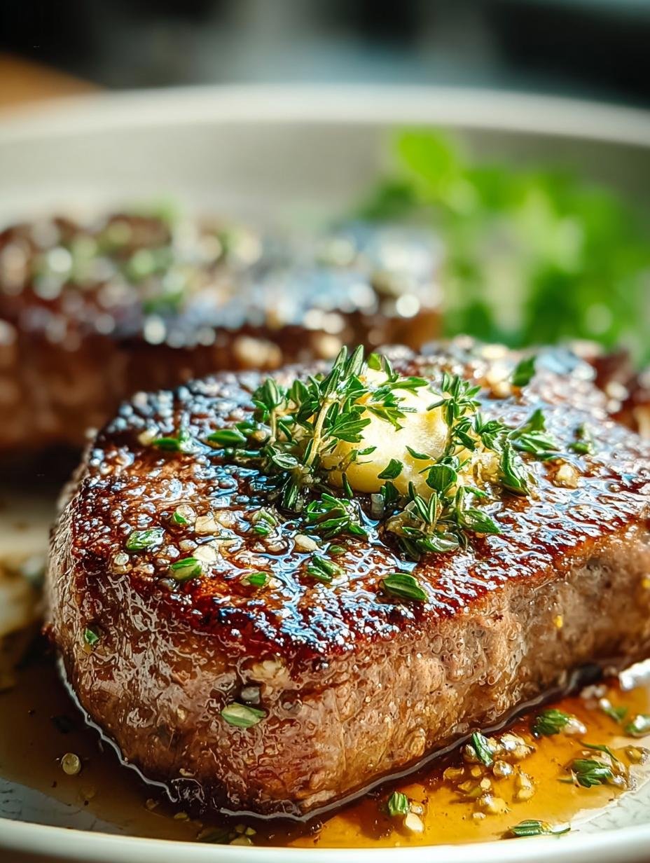Close-up van een perfect gegaarde Garlic Butter Skillet Steak, gesneden en bedruipt met knoflookboter.