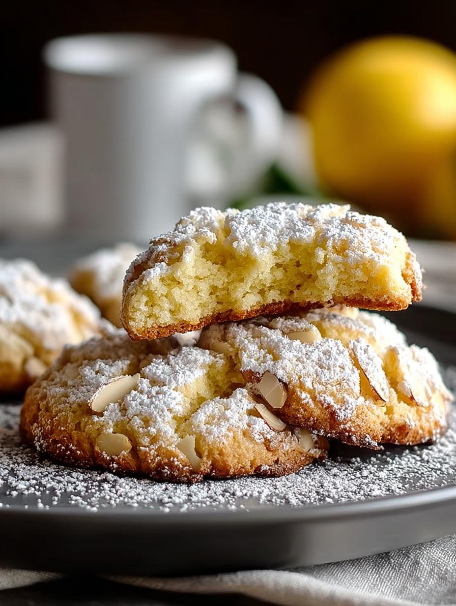 Glutenfreie Zitronen Mandelkekse met poedersuiker op een houten ondergrond