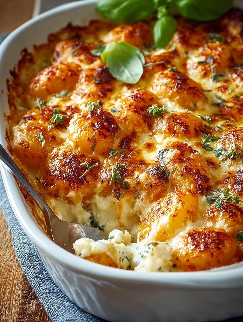 Goddelijke Gnocchi Auflauf Mit Kase: 1 pan, 35 min! - Goudbruine Gnocchi Auflauf Mit Kase met gesmolten kaas en verse kruiden, klaar om te serveren