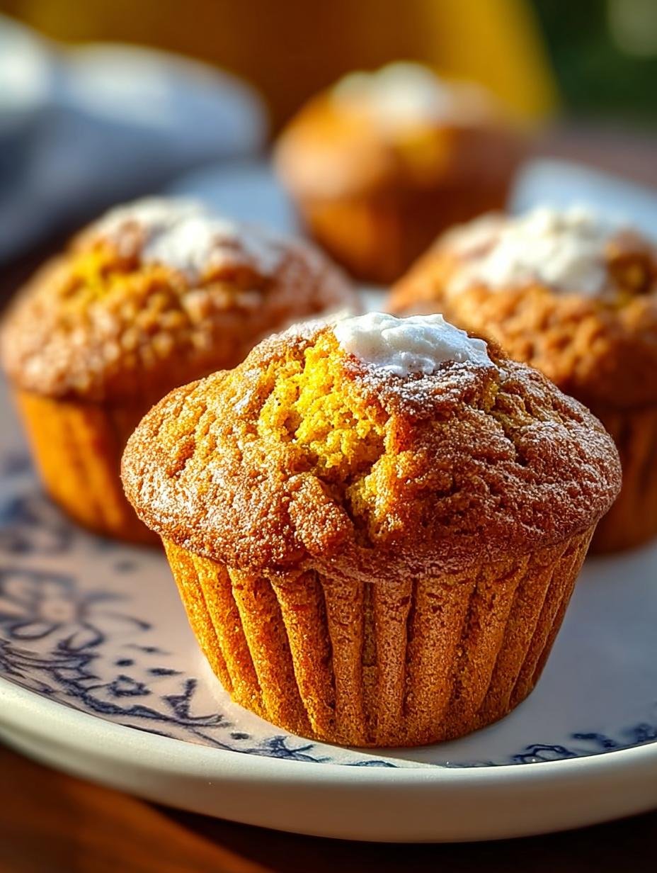 Close-up van een perfect gebakken Griekse Yoghurt Pompoenmuffin, besprenkeld met poedersuiker en klaar om te eten.