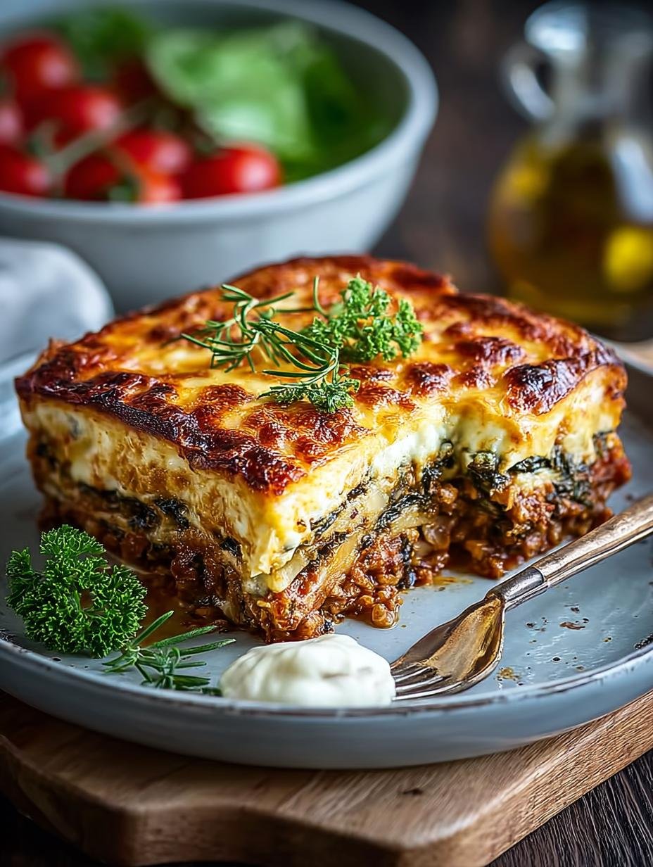 Heerlijke Grünkohl Moussaka Von Drea, perfect gebakken en goudbruin, klaar om te serveren