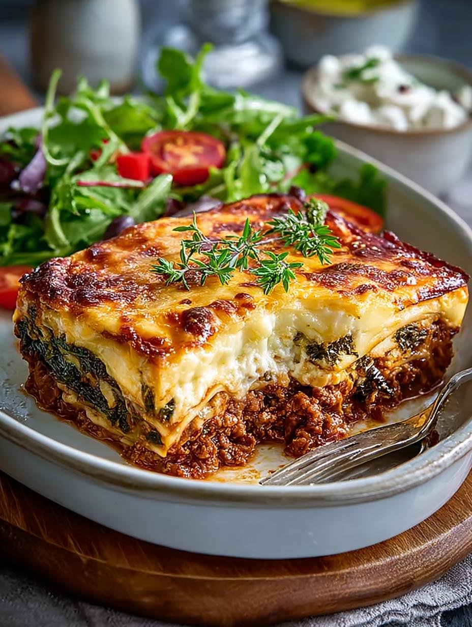 Close-up van een portie Grünkohl Moussaka Von Drea, met zichtbare lagen en romige bechamelsaus