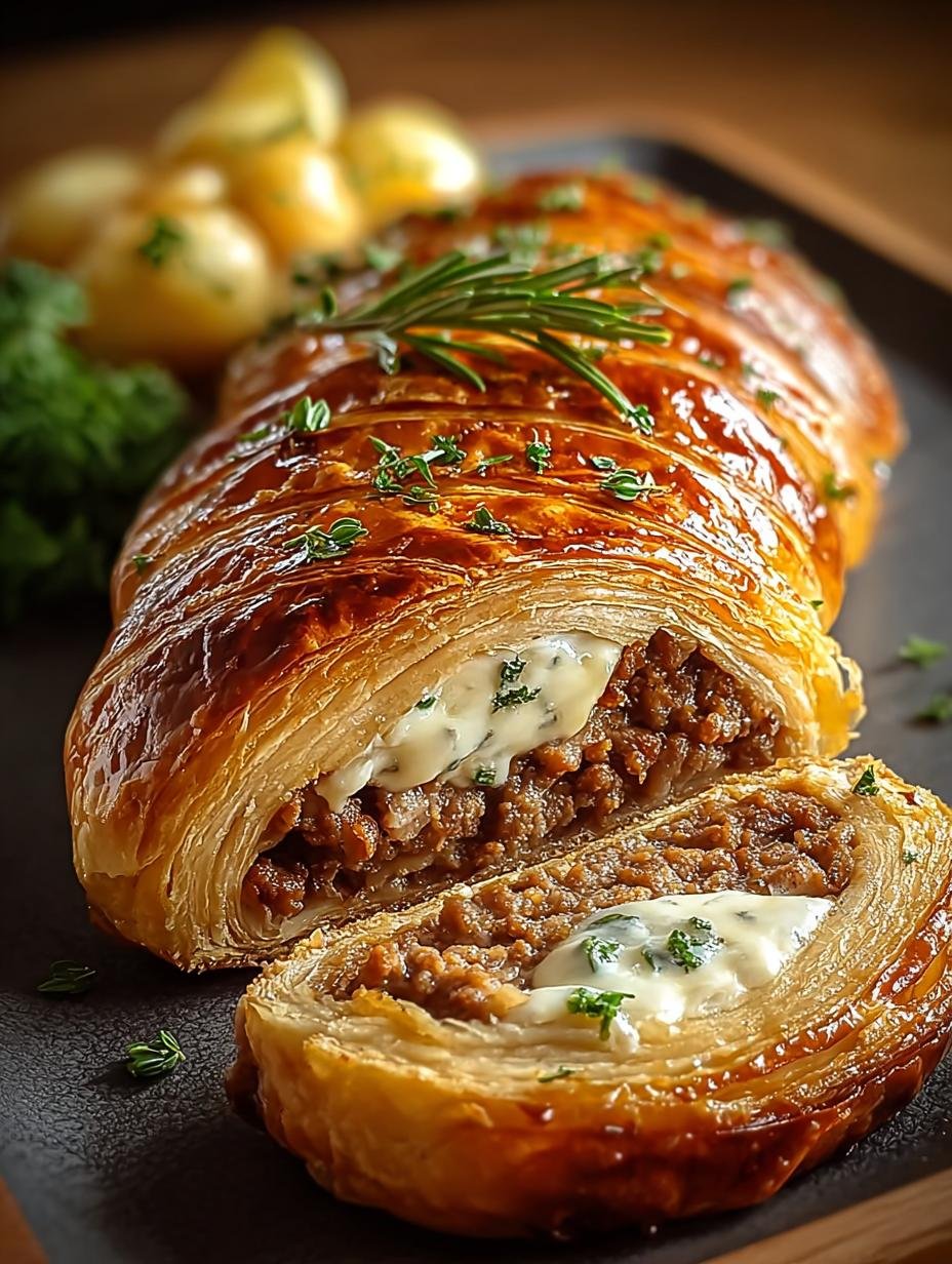 Heerlijke Hackfleisch Käse Blätterteig Rolle, vers uit de oven, goudbruin en knapperig