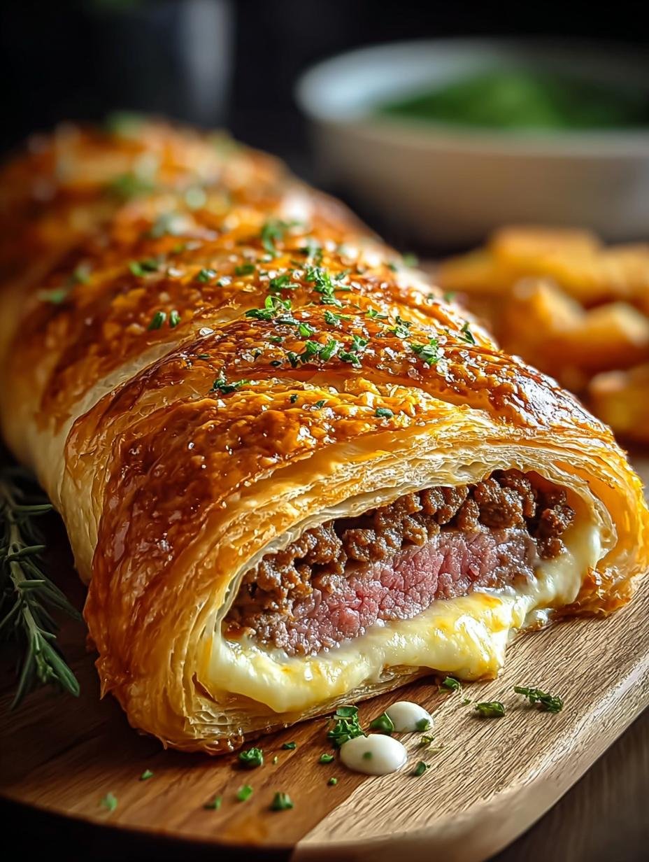 Gesneden Hackfleisch Käse Blätterteig Rolle met zichtbare lagen gehakt en gesmolten kaas