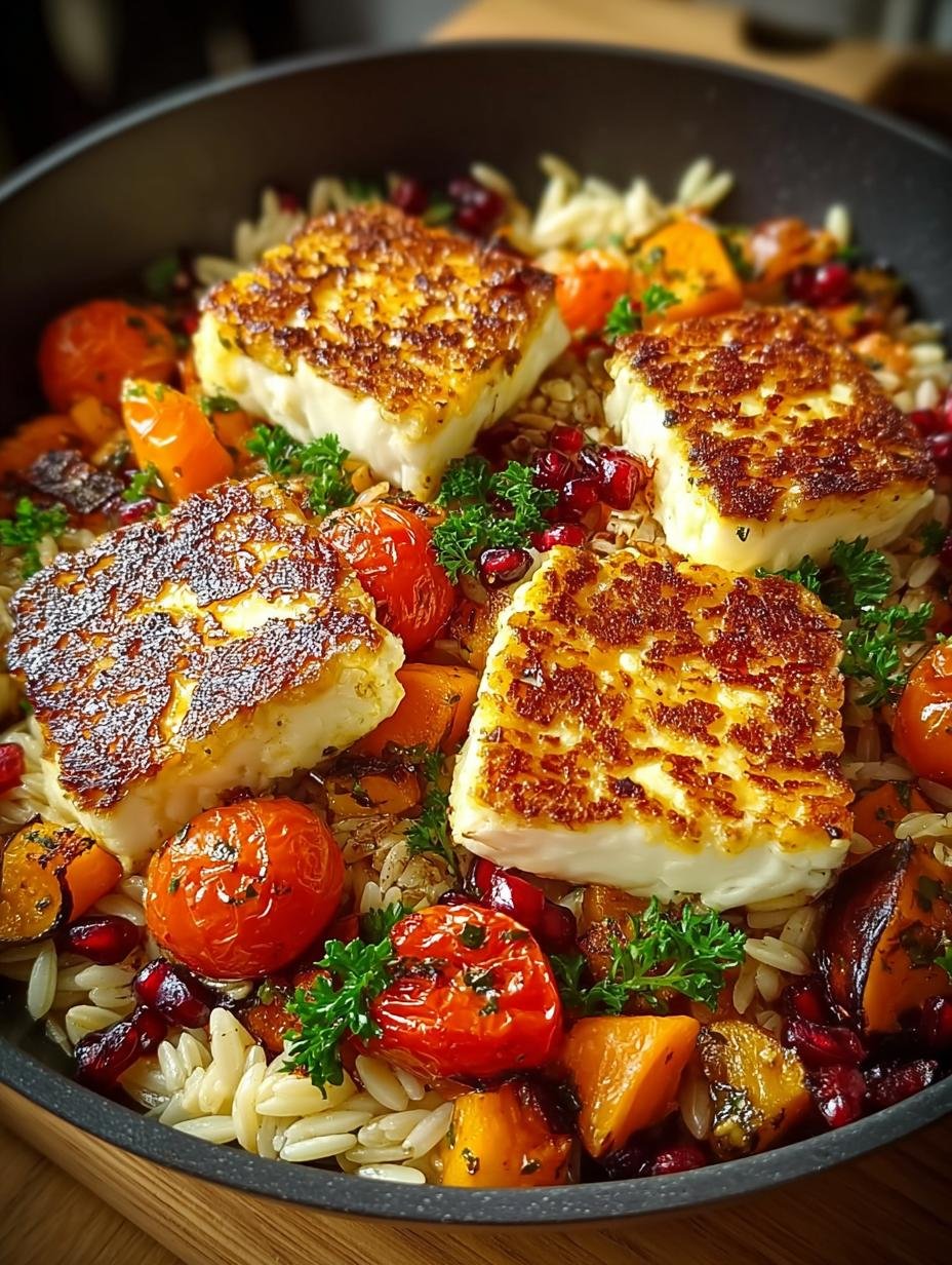 Heerlijke Herbstlicher Halloumi Orzo Auflauf met goudbruine halloumi en geroosterde pompoen, klaar om te serveren