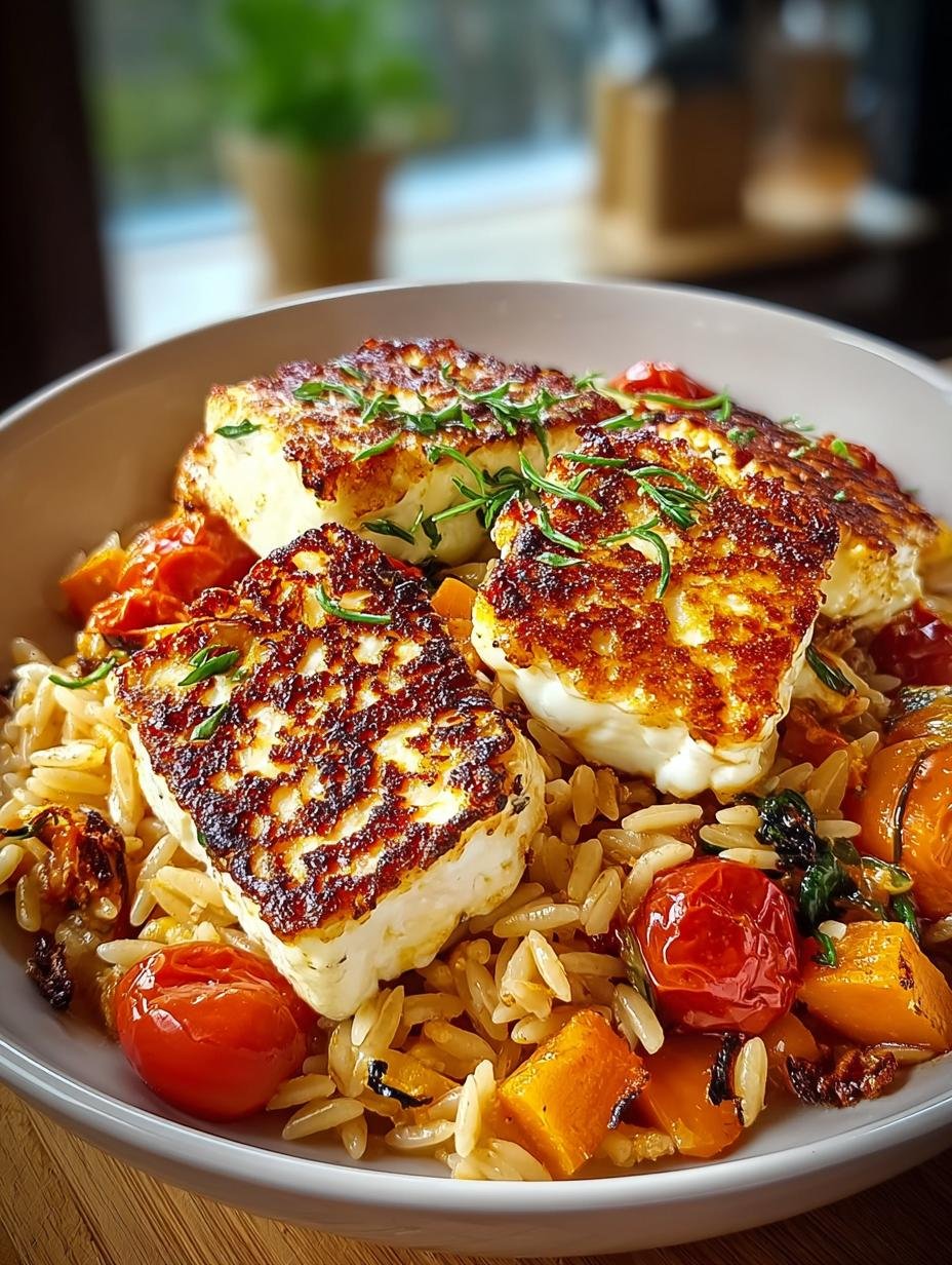 Geroosterde pompoen en halloumi in een ovenschaal, onderdeel van de Herbstlicher Halloumi Orzo Auflauf
