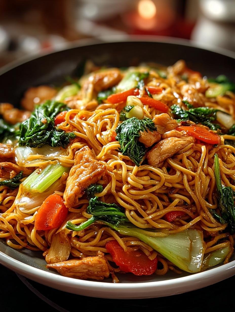 Verse Huehnchen Chow Mein met kleurrijke groenten en noedels