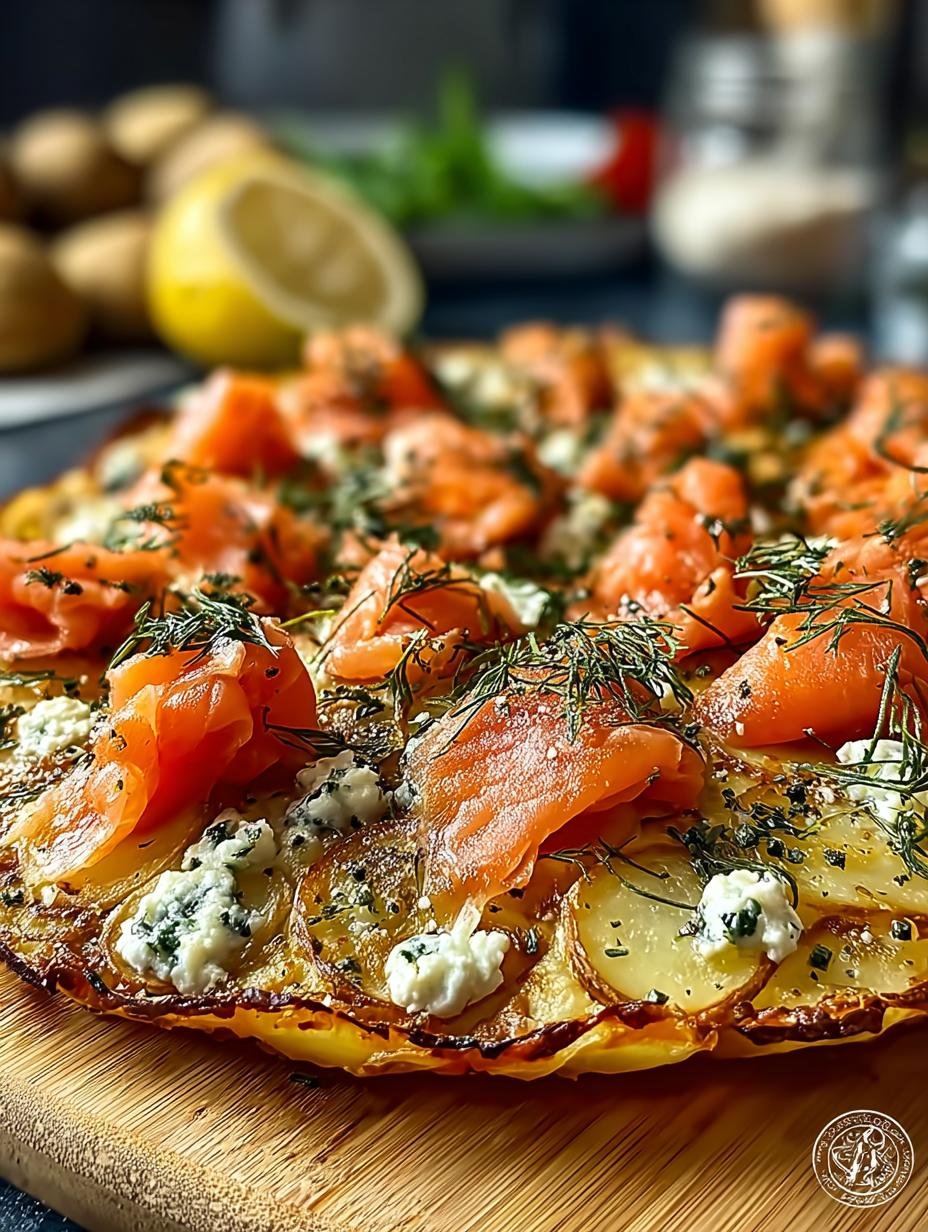 Heerlijke Kartoffelpizza Met Raeucherlachs, vers uit de oven, klaar om te serveren