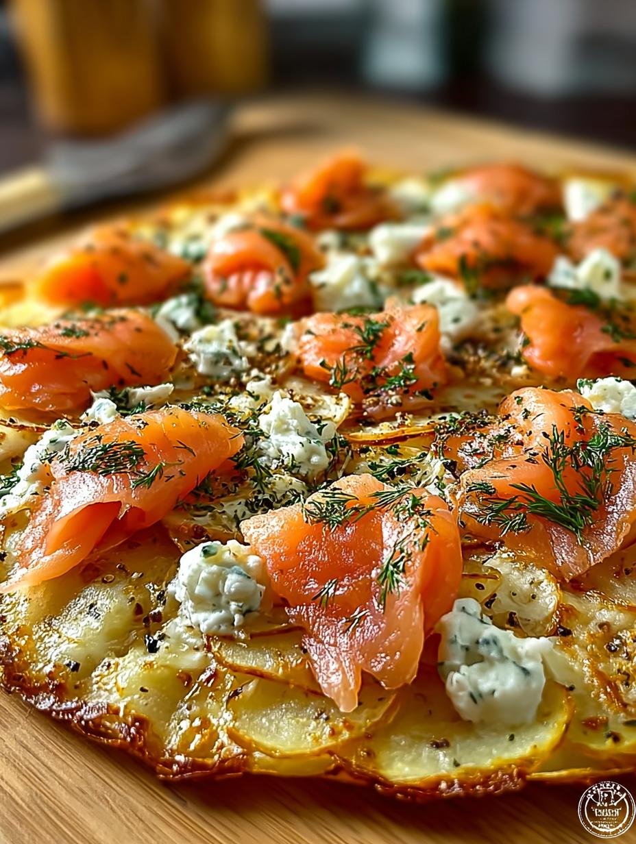 Close-up van een plak Kartoffelpizza Met Raeucherlachs met verse dille en roomkaas