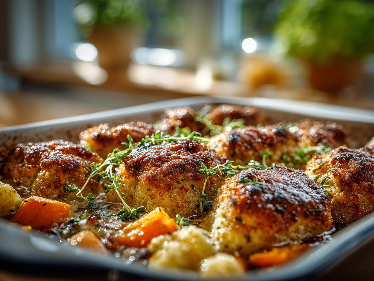 Close-up van een portie Kroketten Hack Auflauf met goudbruine kroketten en romige gehaktvulling