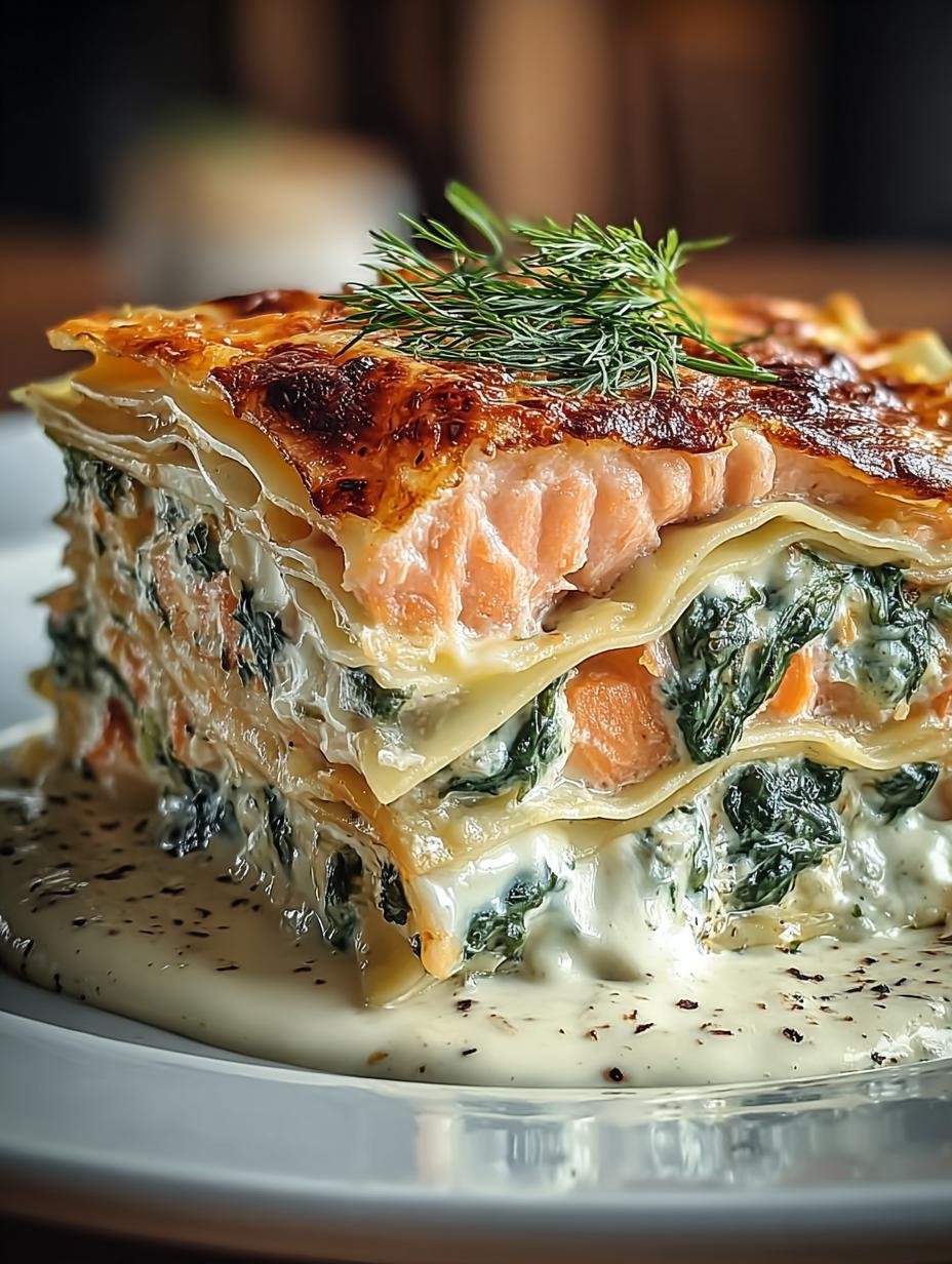 Heerlijke Lachs Spinat Lasagne Met Roomsaus, vers uit de oven, klaar om te serveren