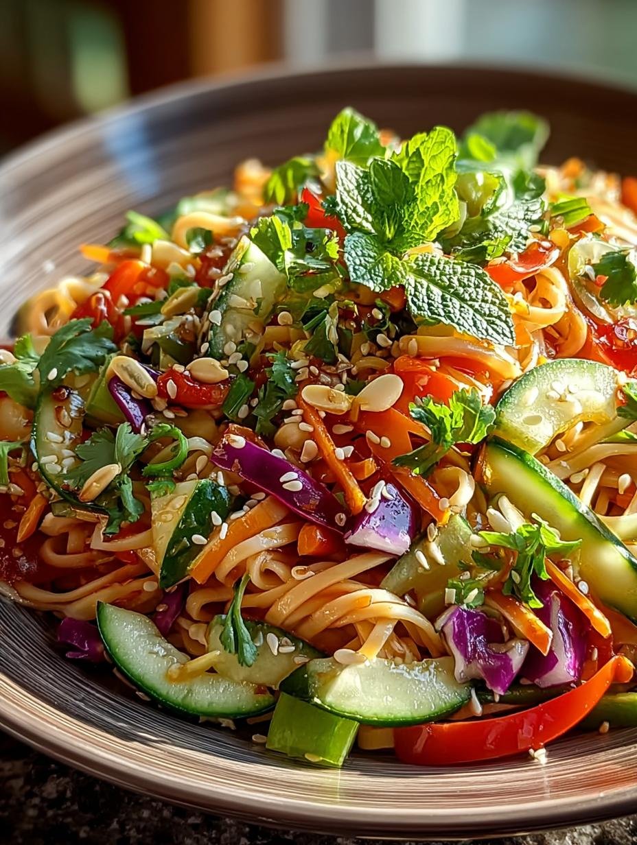 Close-up van Limetten Crunch Nudelsalade met verse koriander en limoenpartjes