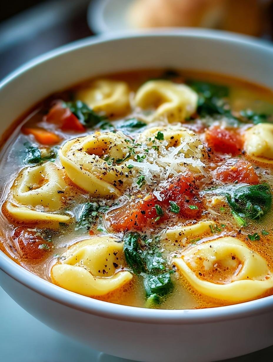 Goddelijke Snelle Creamy Tortellini Soup in 15 Min. - Schnelle Creamy Tortellini Soup - een kom romige tortellini soep met verse kruiden en Parmezaanse kaas